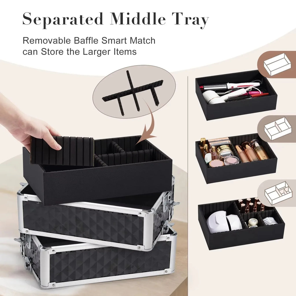 Rolling Makeup Train Case Cosmetic Trolley 4 in 1 Large Capacity Makeup Travel Case with Key Wheels Salon Barber Case Traveling - Luvia