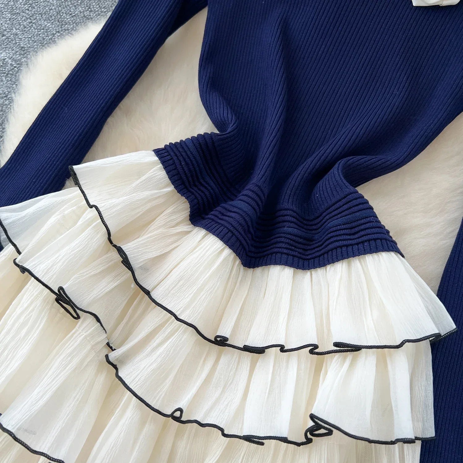 Elegant Chic Knit Tiered floral Long Dresses French Evening Party High Street autumn winter women clothing - Luvia