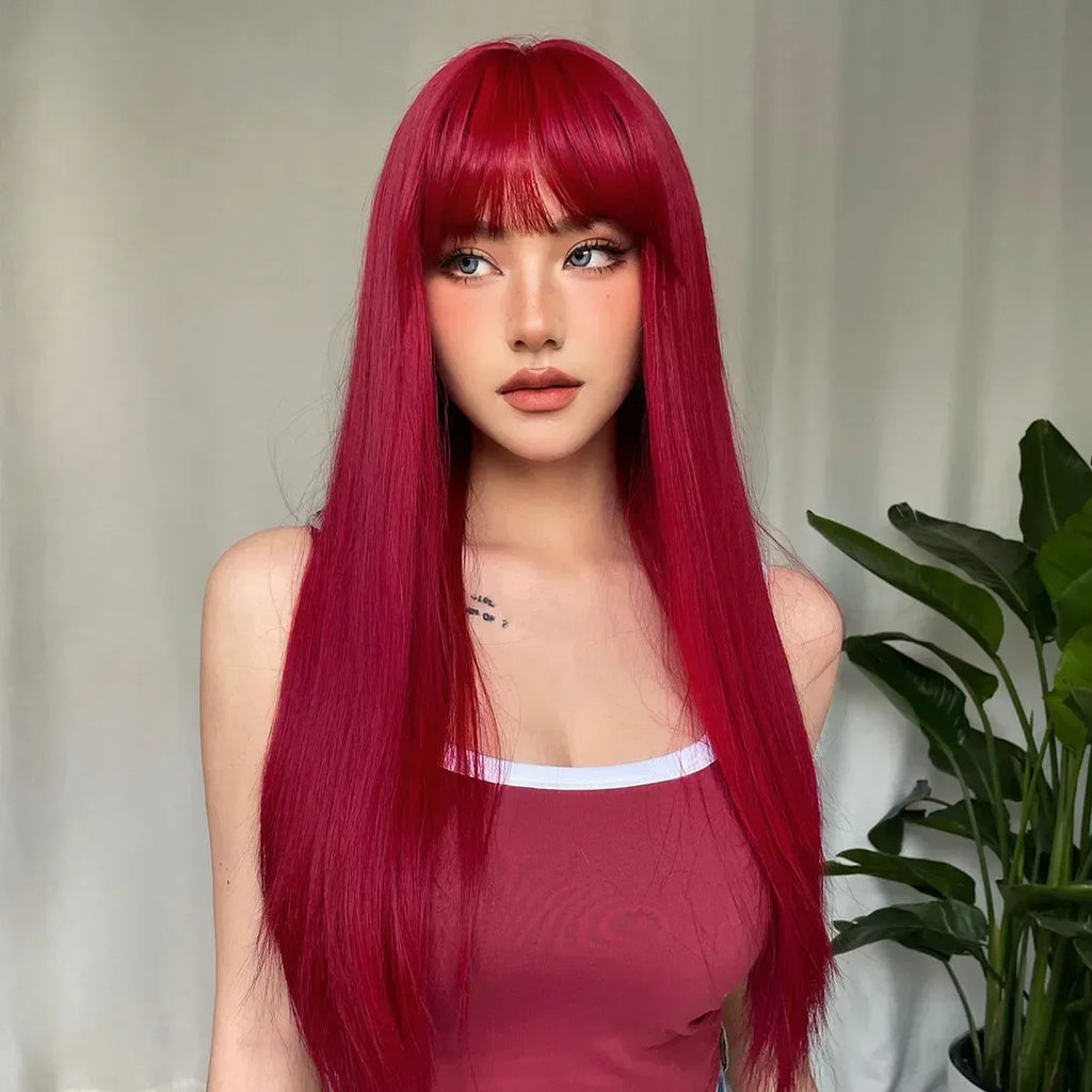 Synthetic Straight Wigs with Bangs Long Silky Heat Resistant Fiber Hair Full Machine Wig Cosplay Party Wig For Fashion Women - Luvia