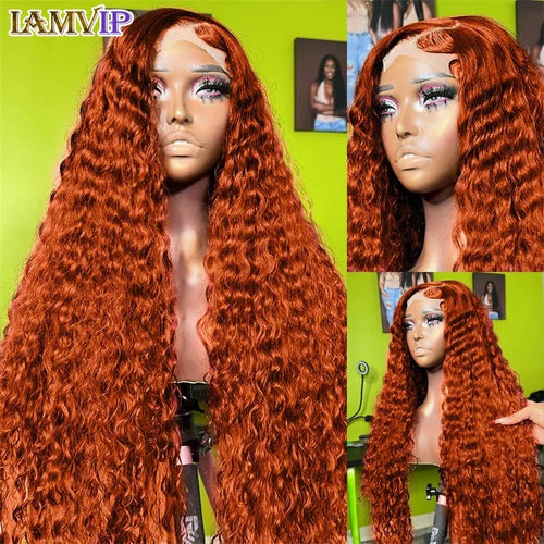 34 Inch 13x6 Full Lace Front Wigs Ginger Orange Color Water Curly Human Hair Wigs 13x4 HD Transparent Deep Wave Lace Frontal Wig - Luvia