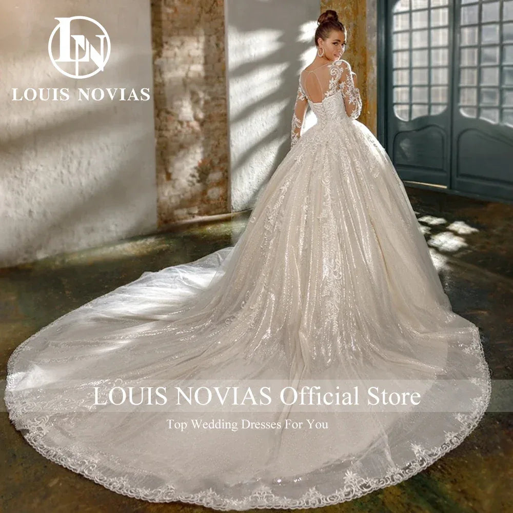 LOUIS NOVIAS Luxury Ball Gown Wedding Dress For Women Long Sleeve Glitter Beading Appliques Wedding Gown Vestidos De Novia - Luvia