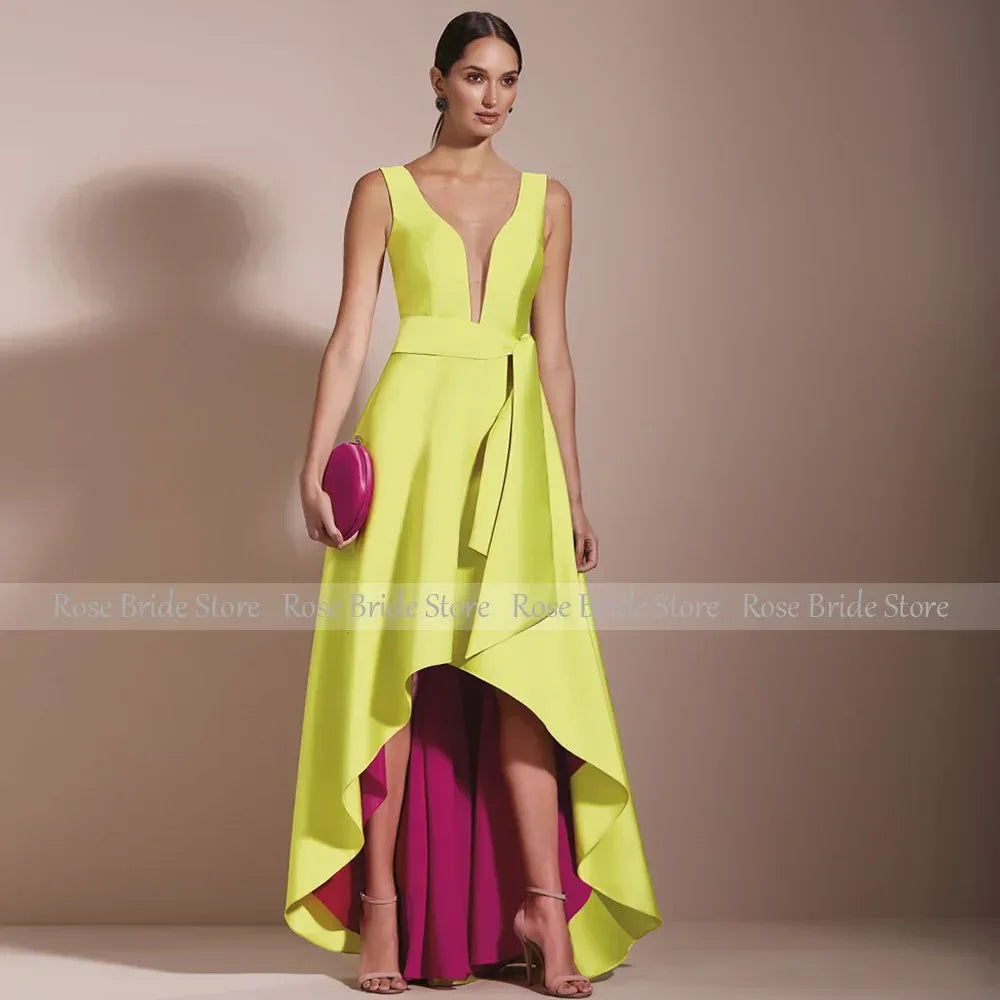 Formal Party Dress for Women Deep V Neck A Line Asymmetrical Evening Long Sleeveless High-Low Color Contrast Gowns - Luvia