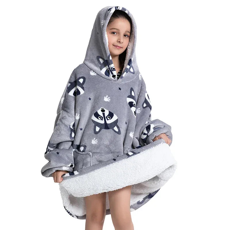 Oversized Wearale Blanket Hoodie Flannel Sherpa Fleece Warm Soft Winter Hoodie Sweatshirt for Kids Adults Home Blanket Snuggle - Luvia