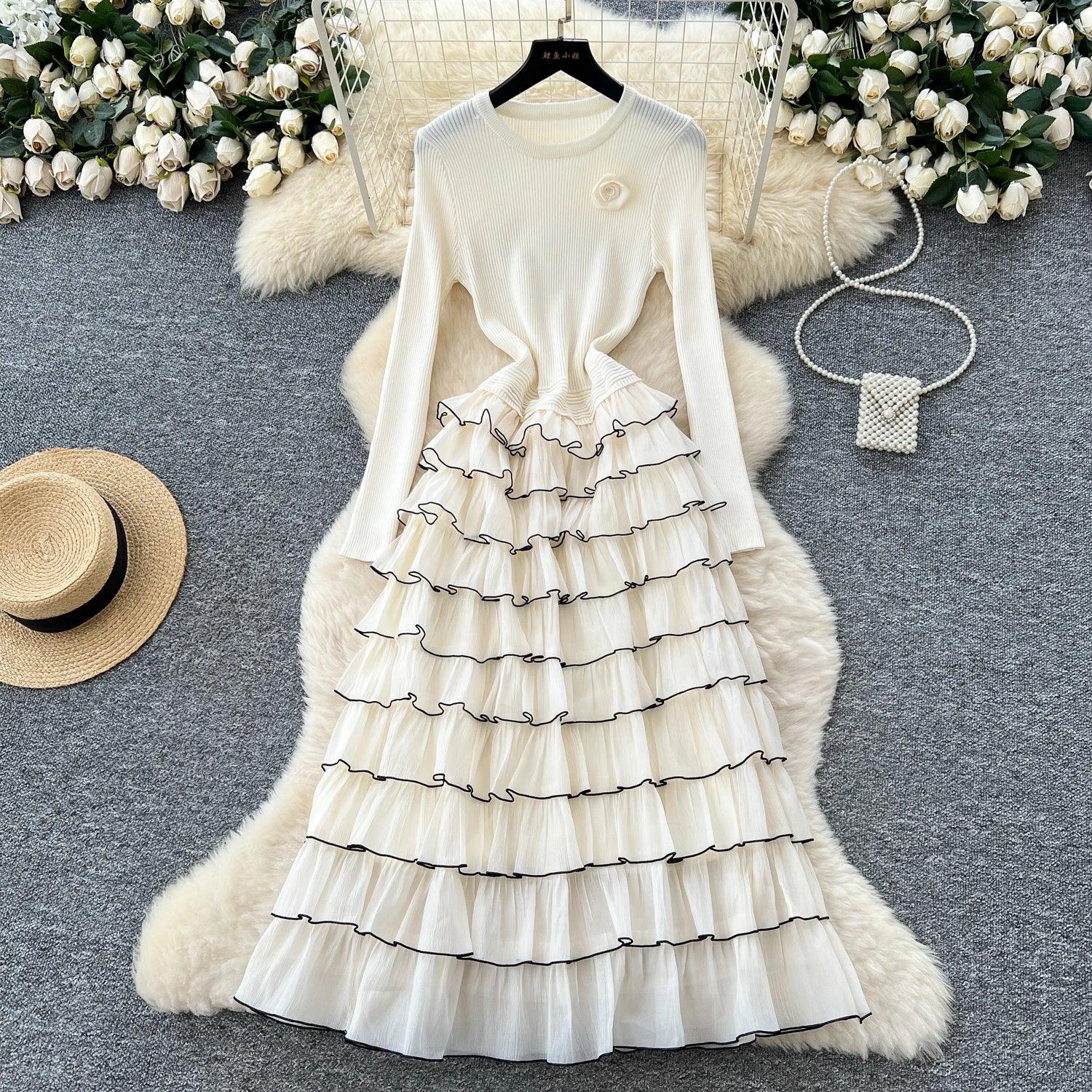 Elegant Chic Knit Tiered floral Long Dresses French Evening Party High Street autumn winter women clothing - Luvia
