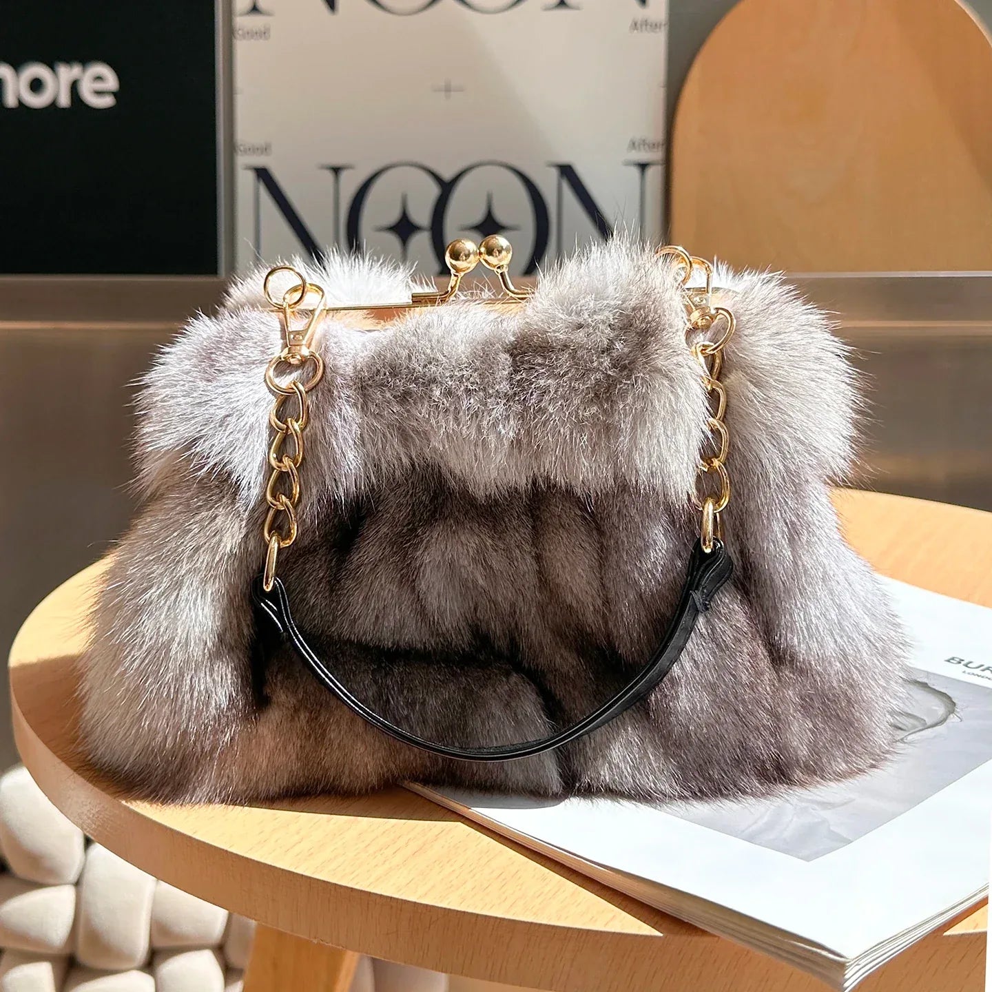 Real Fur Women Handbags Women Luxury Fox Fur Bag Fashion Female Furry Handbag Real Leather Evening Bag Natural Fur Shoulder Bag - Luvia