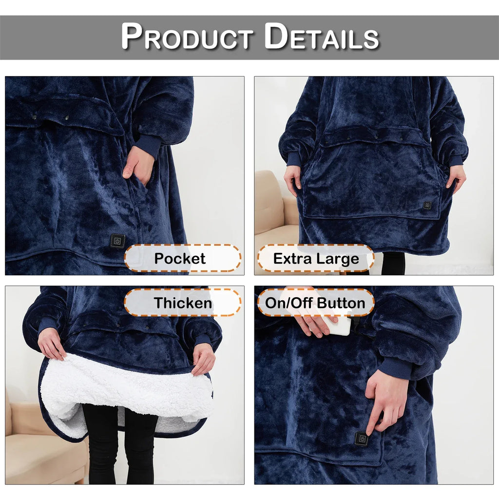 Oversized Wearable Blanket Hoodie with Sleeves Pocket Sherpa Fleece Blanket Sweatshirt Warm Thick Plush Heating Hooded Blankets - Luvia