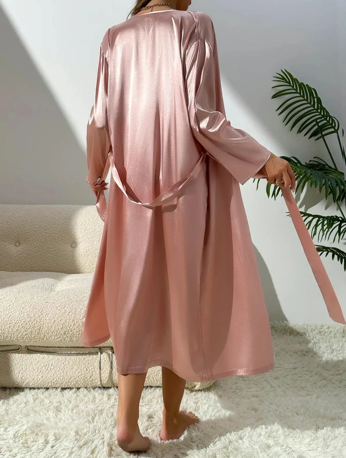 Sexy Minimalist Silk Sleepwear Set Two-Piece Set with Strap Outer Robe Casual Home Clothes Fashionable Simplicity - Luvia
