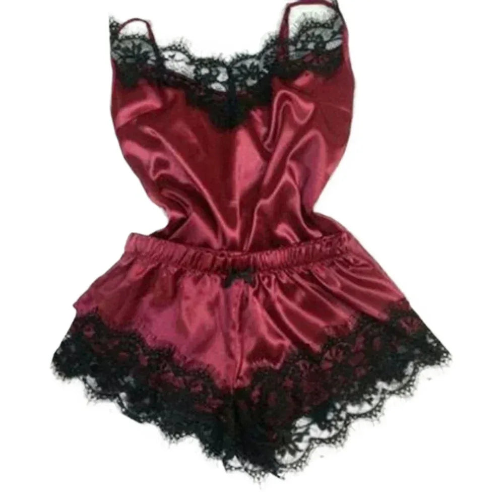 Summer Lace Silk Pajama Set for Women Sleepwear Sexy Lingerie Cami Top and Shorts Sets Comfortable Casual Pijamas - Luvia