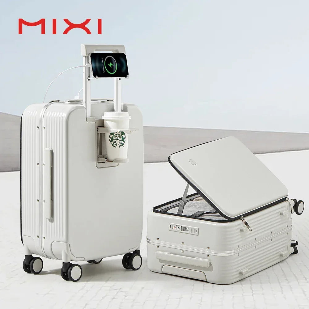 Mixi New Aluminum Frame Suitcase Carry On Rolling Luggage with USB Port Boarding Cabin Cup and Phone Holder 20 24 Inch - Luvia