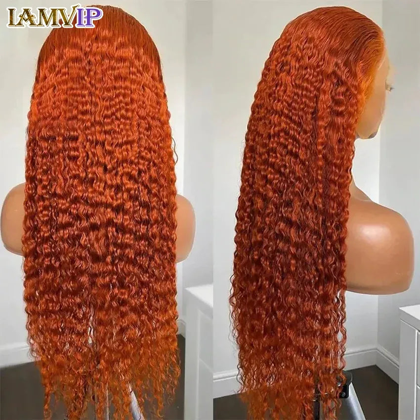 34 Inch 13x6 Full Lace Front Wigs Ginger Orange Color Water Curly Human Hair Wigs 13x4 HD Transparent Deep Wave Lace Frontal Wig - Luvia
