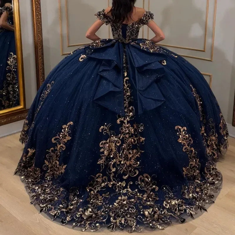 Glittering Navy Blue Quinceanera Dresses With Bow Golden Lace Appliques Vestidos De 15 Anos Birthday Party Princess Off-Shoulder - Luvia