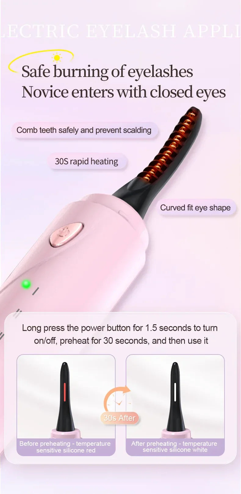 Heated Eyelash Curler 3-Level Adjustable Temperature Rapid Heated Type C Rechargeable Safe Anti-Burn Eye Lash Comb Teeth Design - Luvia