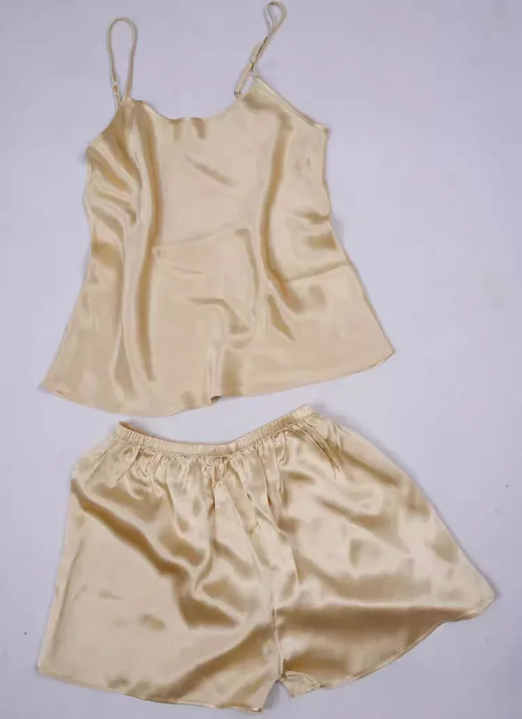Women 100% Natural Silk 16 momme satin silk Camisole with Shorts Pajama Set Sleepwear M-2XL YM004 - Luvia