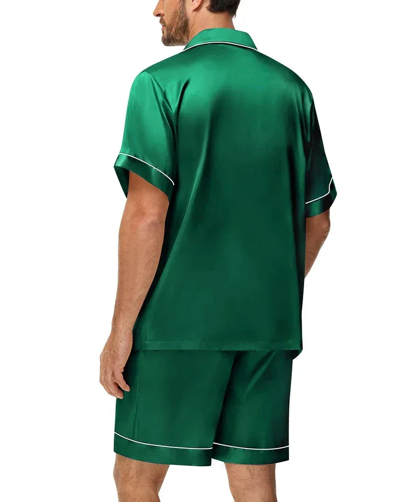 Men's Silky Satin 2Pcs Pajama Set Short-Sleeve Lapel Chest Pocket Shirt And Shorts Smooth Touch Soft Sleepwear Cozy Nightshirts - Luvia
