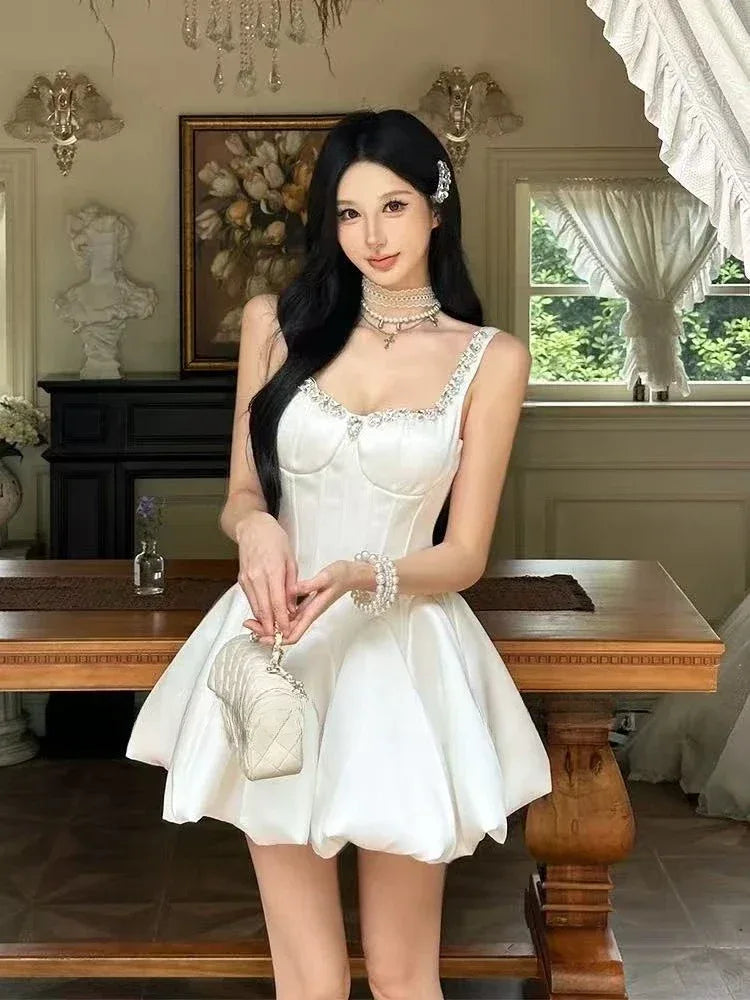 French Elegant Style Evening Party Short Dresses Women Vintage Rhinestone Strap Hepburn Dress Sweet Princess Clothing 2025 New - Luvia
