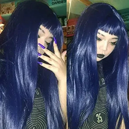 Synthetic Replacement Hair Wig With Bangs Blue Color Heat Resistant Wigs for Fashion Women - Luvia