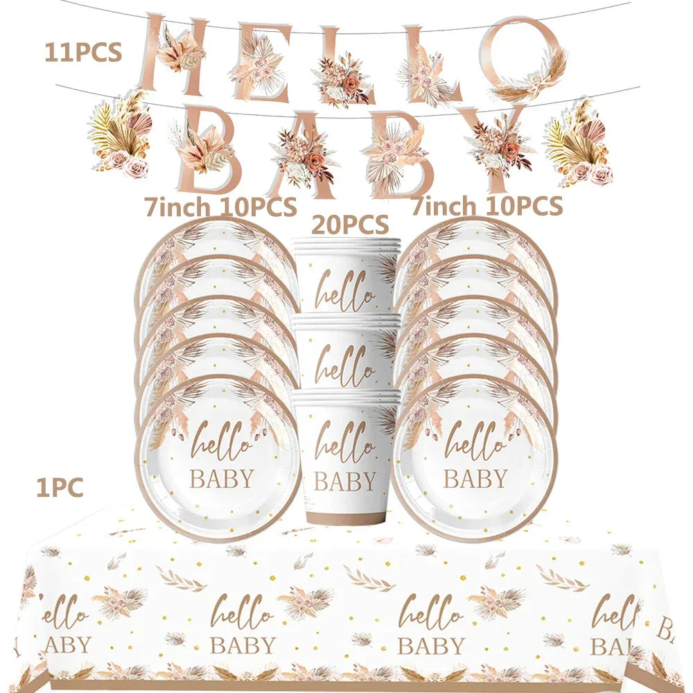 kit Kids Birthday Party Balloons Hello Baby Boy Girl DIY Cake Topper Paper Tableware 1st Birthday Party Baby Shower Decorations - Luvia