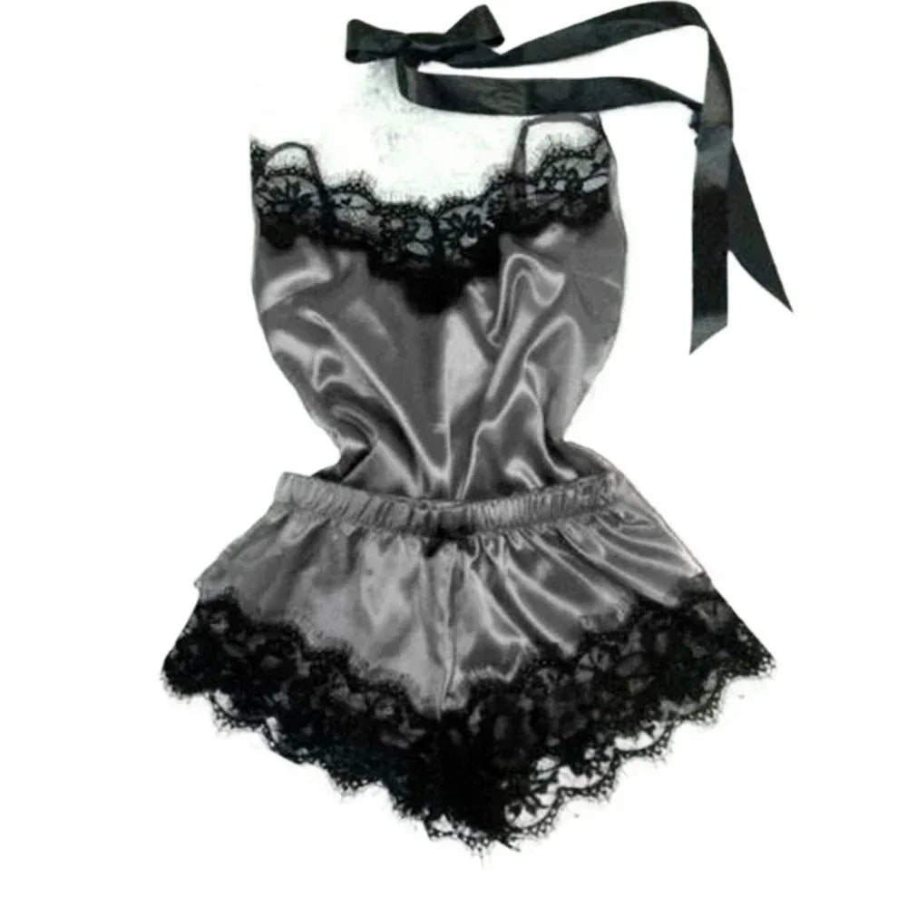 Summer Lace Silk Pajama Set for Women Sleepwear Sexy Lingerie Cami Top and Shorts Sets Comfortable Casual Pijamas - Luvia