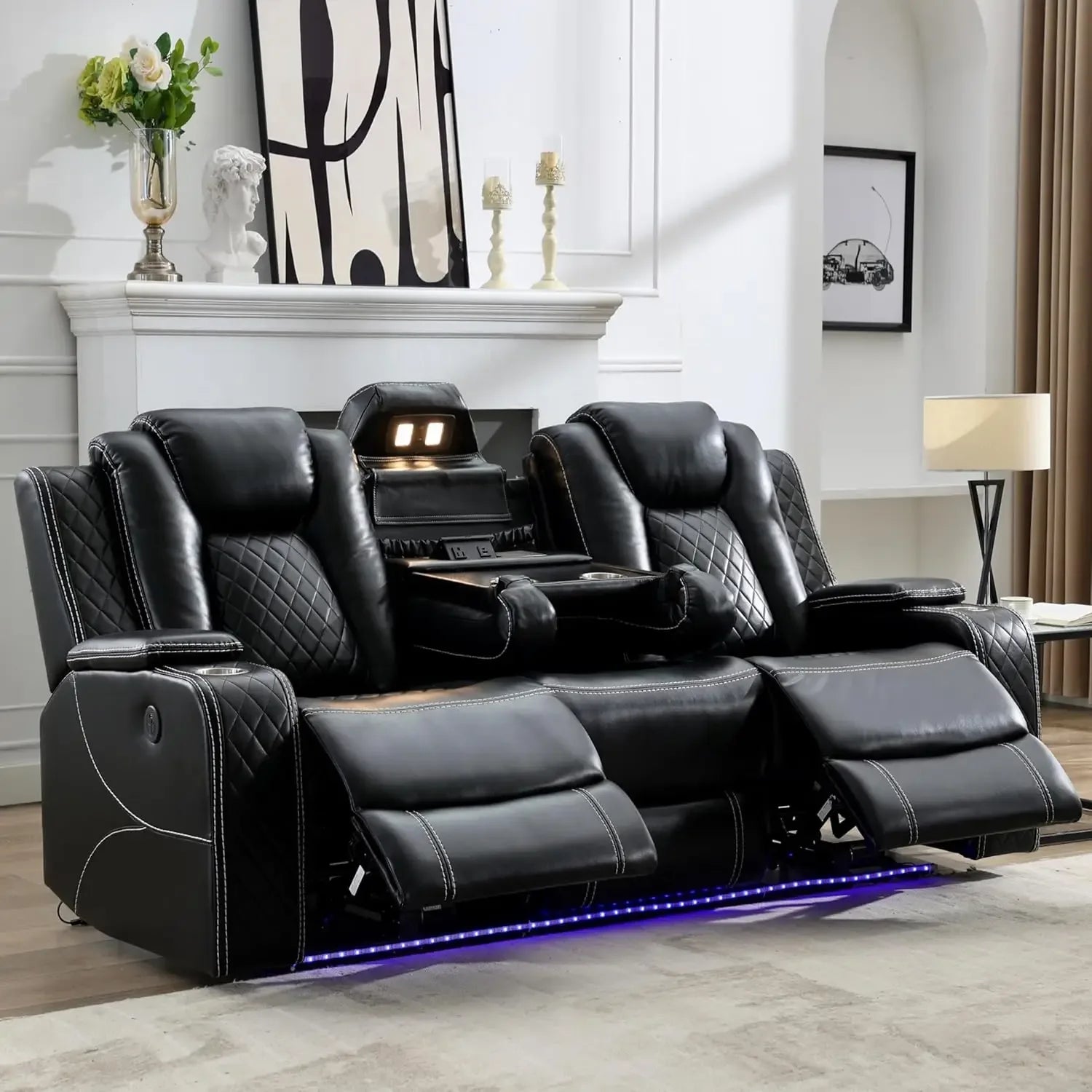 TODRANI Power Reclining Sofa 0 Gravity w/ Wireless Charger,LED Floor Lights,Reading Light, Drop-down Table USB/Type-C Port(070) - Luvia