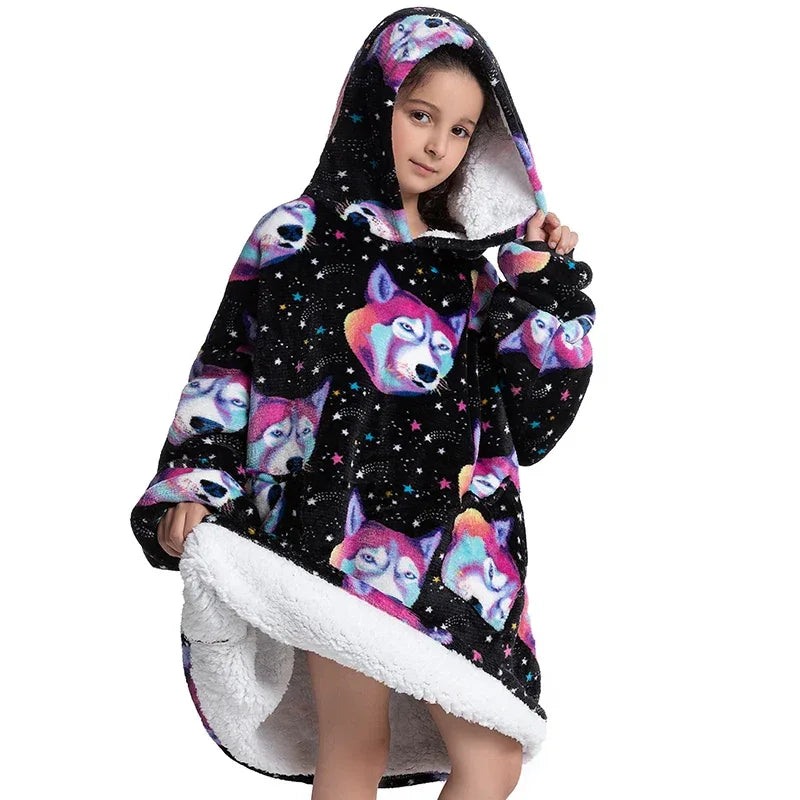 Oversized Wearale Blanket Hoodie Flannel Sherpa Fleece Warm Soft Winter Hoodie Sweatshirt for Kids Adults Home Blanket Snuggle - Luvia