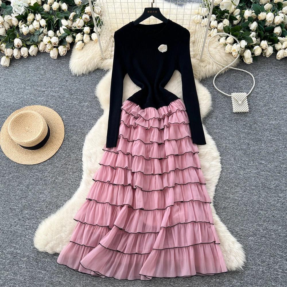 Elegant Chic Knit Tiered floral Long Dresses French Evening Party High Street autumn winter women clothing - Luvia