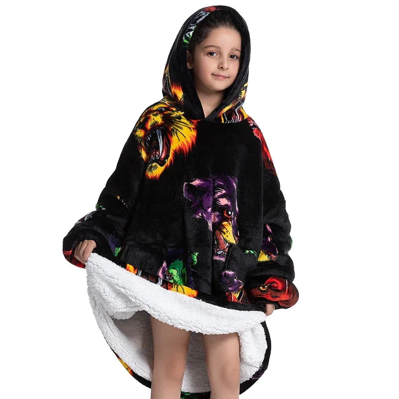 Oversized Wearale Blanket Hoodie Flannel Sherpa Fleece Warm Soft Winter Hoodie Sweatshirt for Kids Adults Home Blanket Snuggle - Luvia