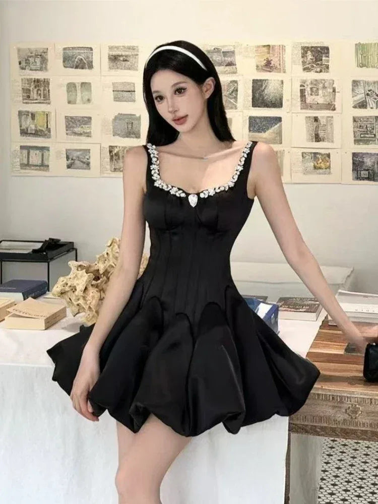 French Elegant Style Evening Party Short Dresses Women Vintage Rhinestone Strap Hepburn Dress Sweet Princess Clothing 2025 New - Luvia