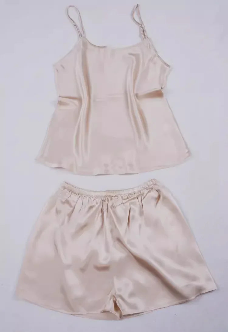 Women 100% Natural Silk 16 momme satin silk Camisole with Shorts Pajama Set Sleepwear M-2XL YM004 - Luvia