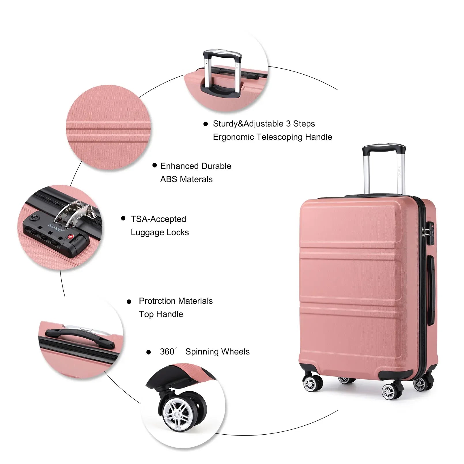 KONO TSA Lock, suitcase (M/L/XL) TONO Hard Case, Lightweight ABS Trolleys with Twin wheels - Luvia