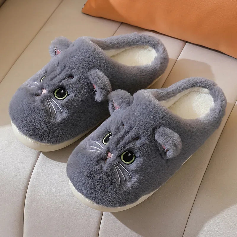 Winter Warm Slipper Women House Fuzzy Cat Cartoon Fur Plush Indoor Lazy Female Thermal Home Shoe Furry Funny Flat flip flop - Luvia