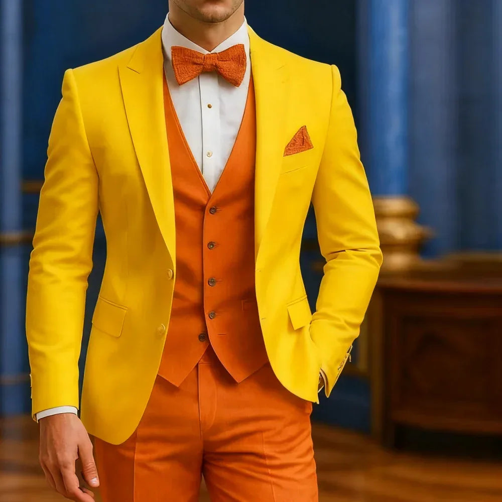 Men's Formal White And Orange Suit Occasion Wedding Groomsmen Graduation Dance Smoking 3 Piece Tuxedo Traditional Male Attire - Luvia