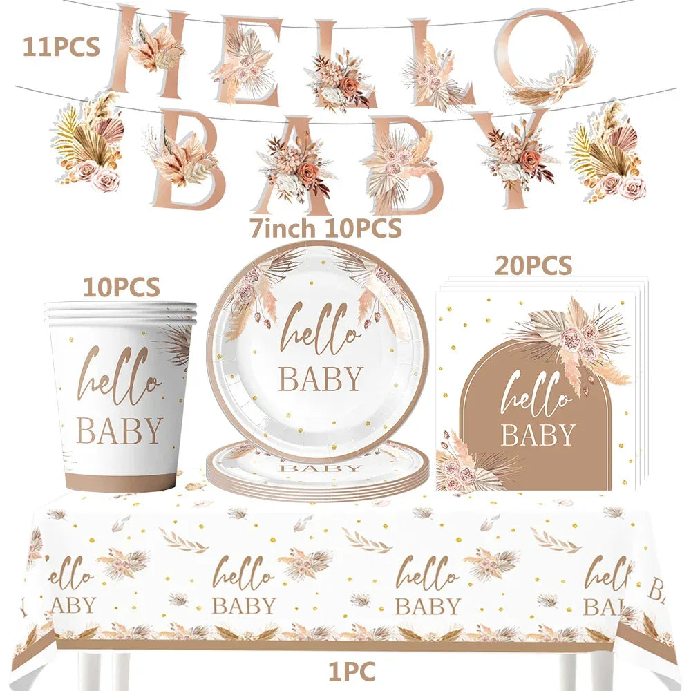 kit Kids Birthday Party Balloons Hello Baby Boy Girl DIY Cake Topper Paper Tableware 1st Birthday Party Baby Shower Decorations - Luvia