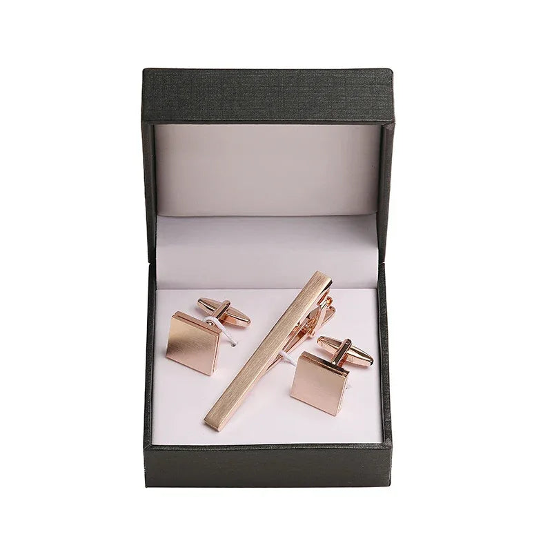 Tie clip cufflink box set square brushed enamel striped cross design men's French shirt cufflinks business suit tie clip gift - Luvia