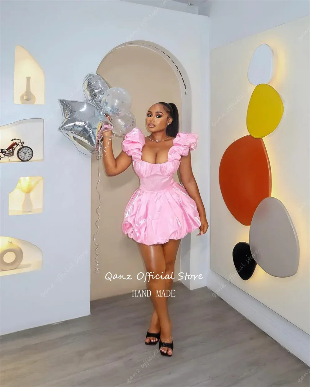 Qanz Pink Shiny Satin Prom Dresses Sweetheart Short Birthday Party Dress Spaghetti Straps Mini Vestidos De Graduación Customized - Luvia