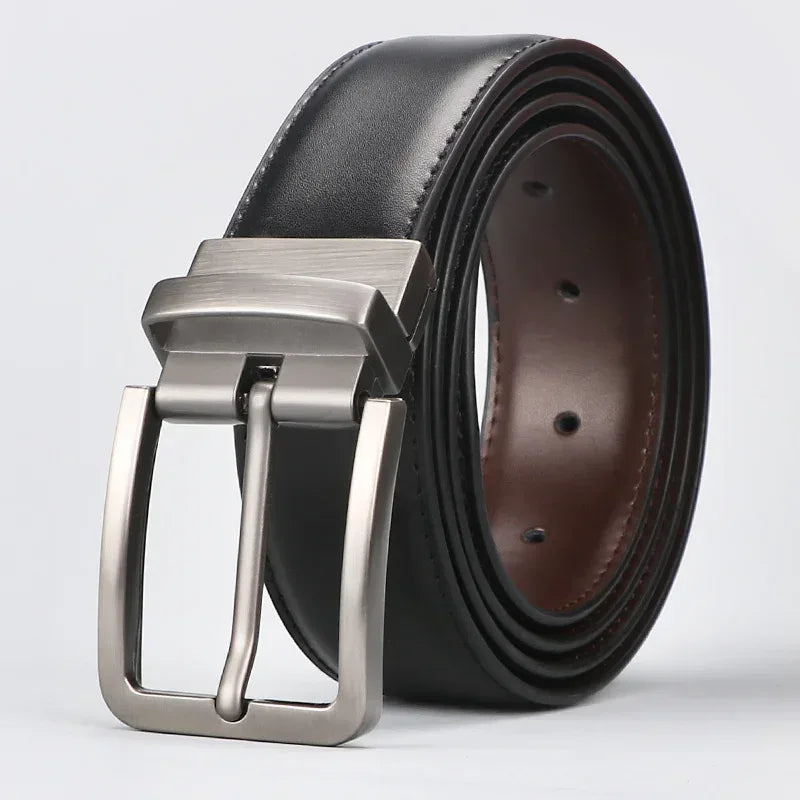 1pc Men's Leather Reversible Belt, Rotate Black Buckle - Luvia