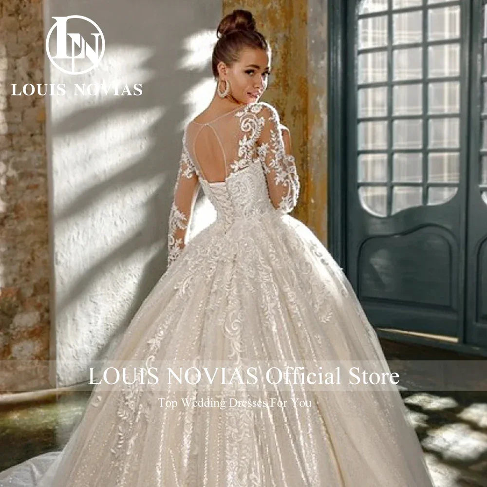 LOUIS NOVIAS Luxury Ball Gown Wedding Dress For Women Long Sleeve Glitter Beading Appliques Wedding Gown Vestidos De Novia - Luvia