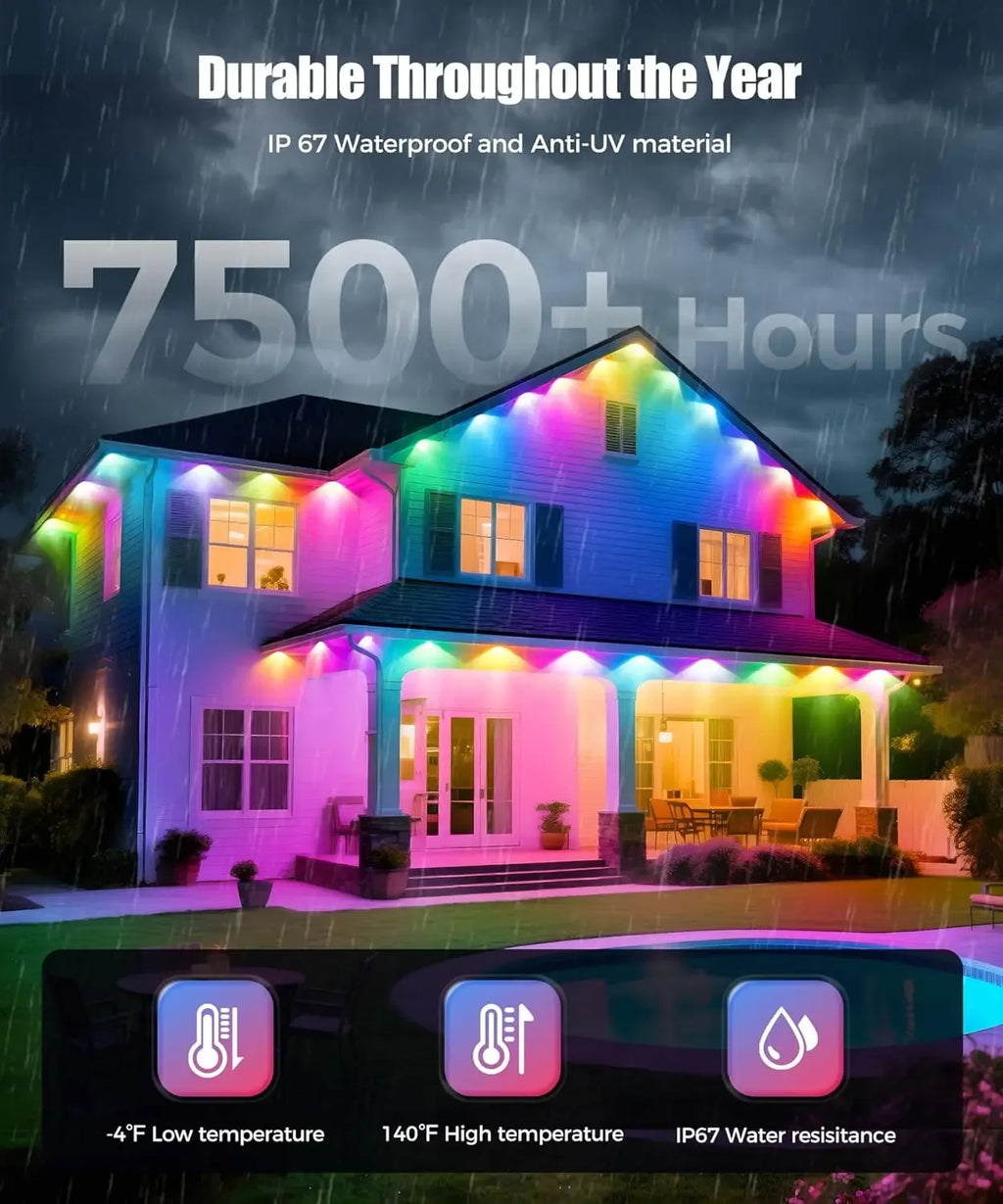 LED Permanent Outdoor Lights IP65 Waterproof RGBIC Eave Lights With Remote for Christmas New Year Roof DIY Holiday String Light - Luvia