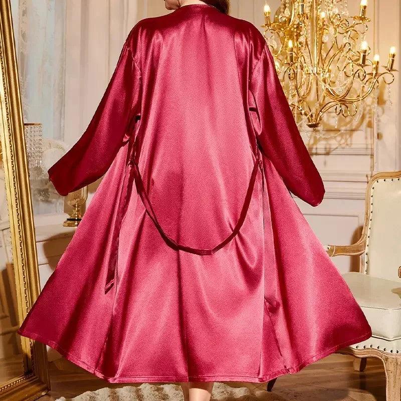 Sexy Minimalist Silk Sleepwear Set Two-Piece Set with Strap Outer Robe Casual Home Clothes Fashionable Simplicity - Luvia