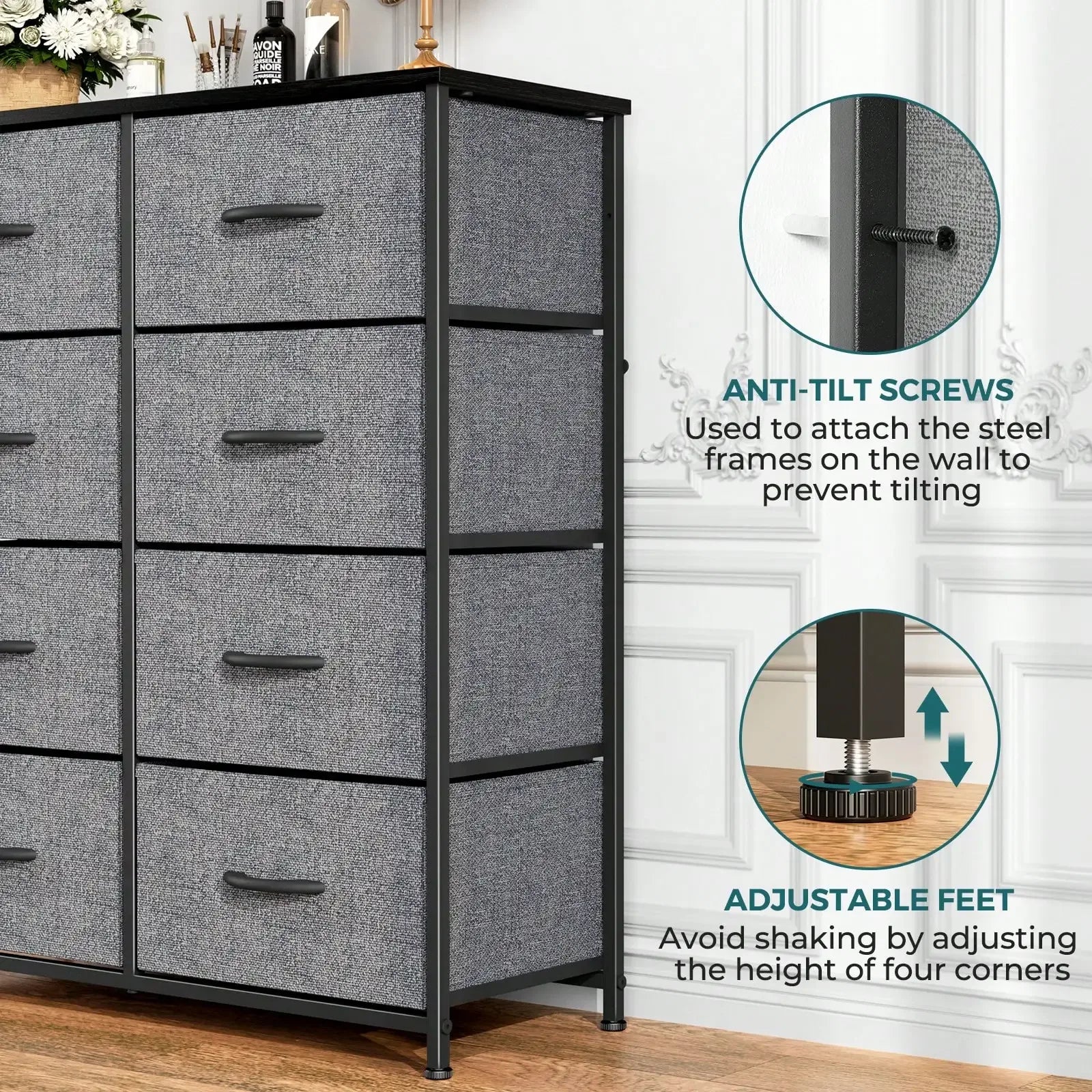 Tall Dresser With 8 Fabric Drawers Organizer Units, Chest Of Drawers For Bedroom With Wooden Top - Luvia