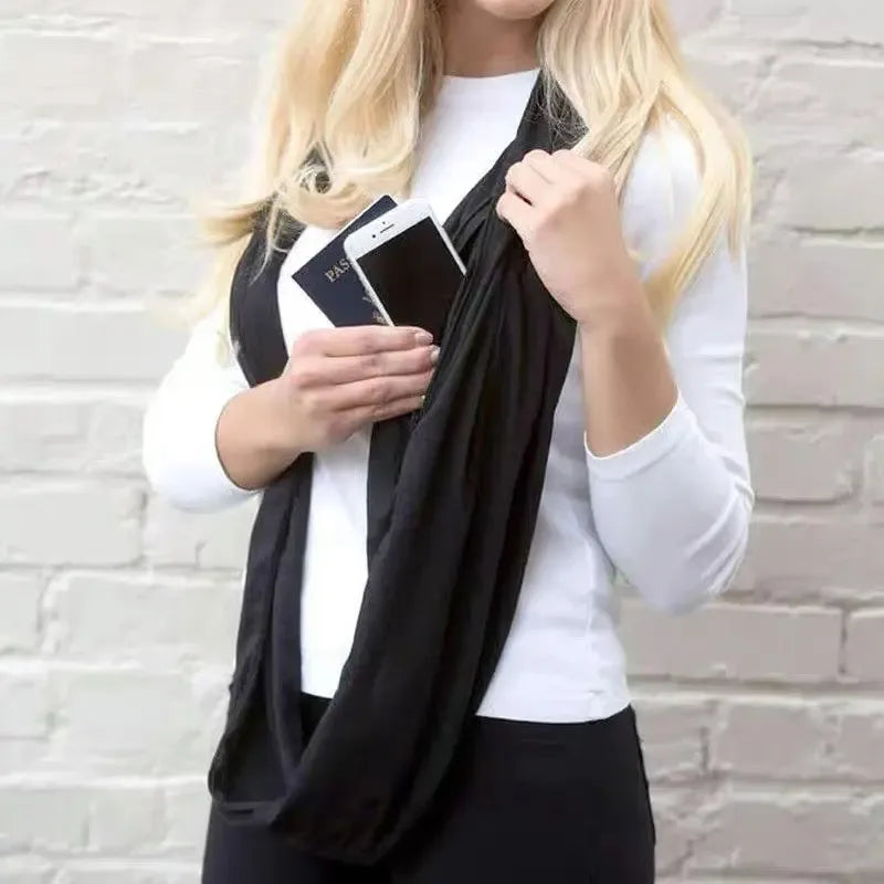 Women Infinity Loop Scarf with Hidden Zipper Pocket Travel Scarf Solid Color Neck Wrap Suitable for Daily Traveling Storage - Luvia