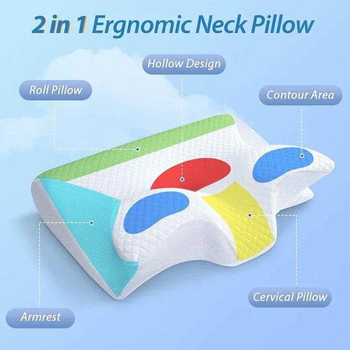 1pc Memory Foam Cervical Pillow, 2 in 1 Ergonomic Contour Orthopedic Pillow for Neck Pain, Contoured Support Pillows,Neck Pillow - Luvia