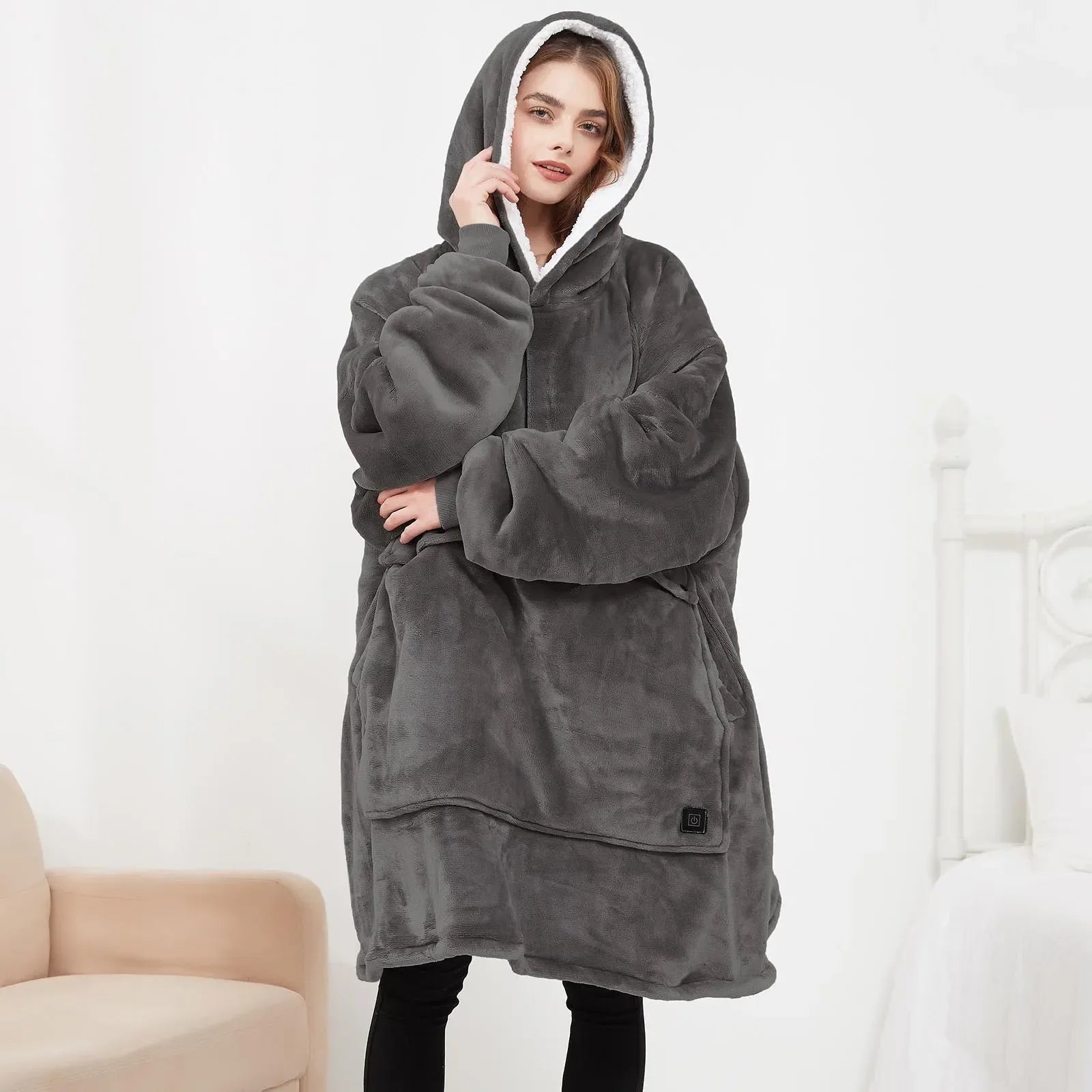 Oversized Wearable Blanket Hoodie with Sleeves Pocket Sherpa Fleece Blanket Sweatshirt Warm Thick Plush Heating Hooded Blankets - Luvia