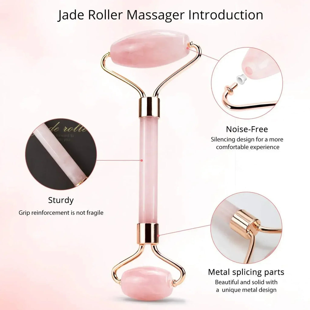 Natural Rose Quartz Jade Roller+Scraping Board Set Facial Massager Jade Stone Roller Gua Sha Face Lifting Massage Tool Skin Care - Luvia
