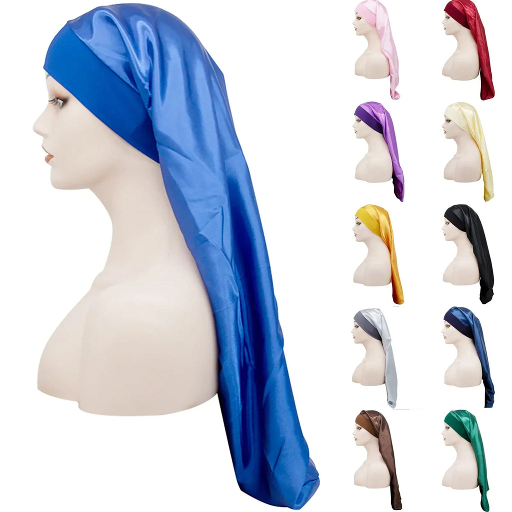 Long Satin Bonnet Sleep Cap Silk Sleeping Cap with Wide Elastic Band Loose Night Hat for Women Braids Curly Hair Black - Luvia