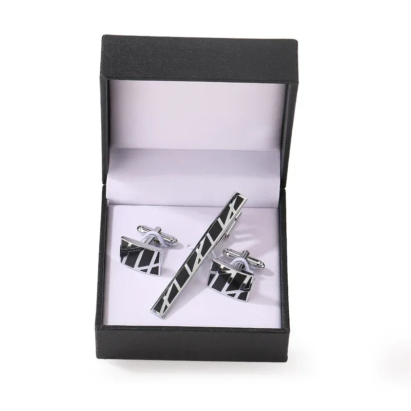 Tie clip cufflink box set square brushed enamel striped cross design men's French shirt cufflinks business suit tie clip gift - Luvia