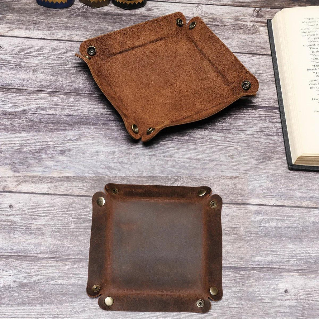 Creative Genuine Leather Valet Snap Tray Home Ofiice Desk Organizer Jewelry Pen Key Coin Desktop Storage Tray Folding Storage - Luvia