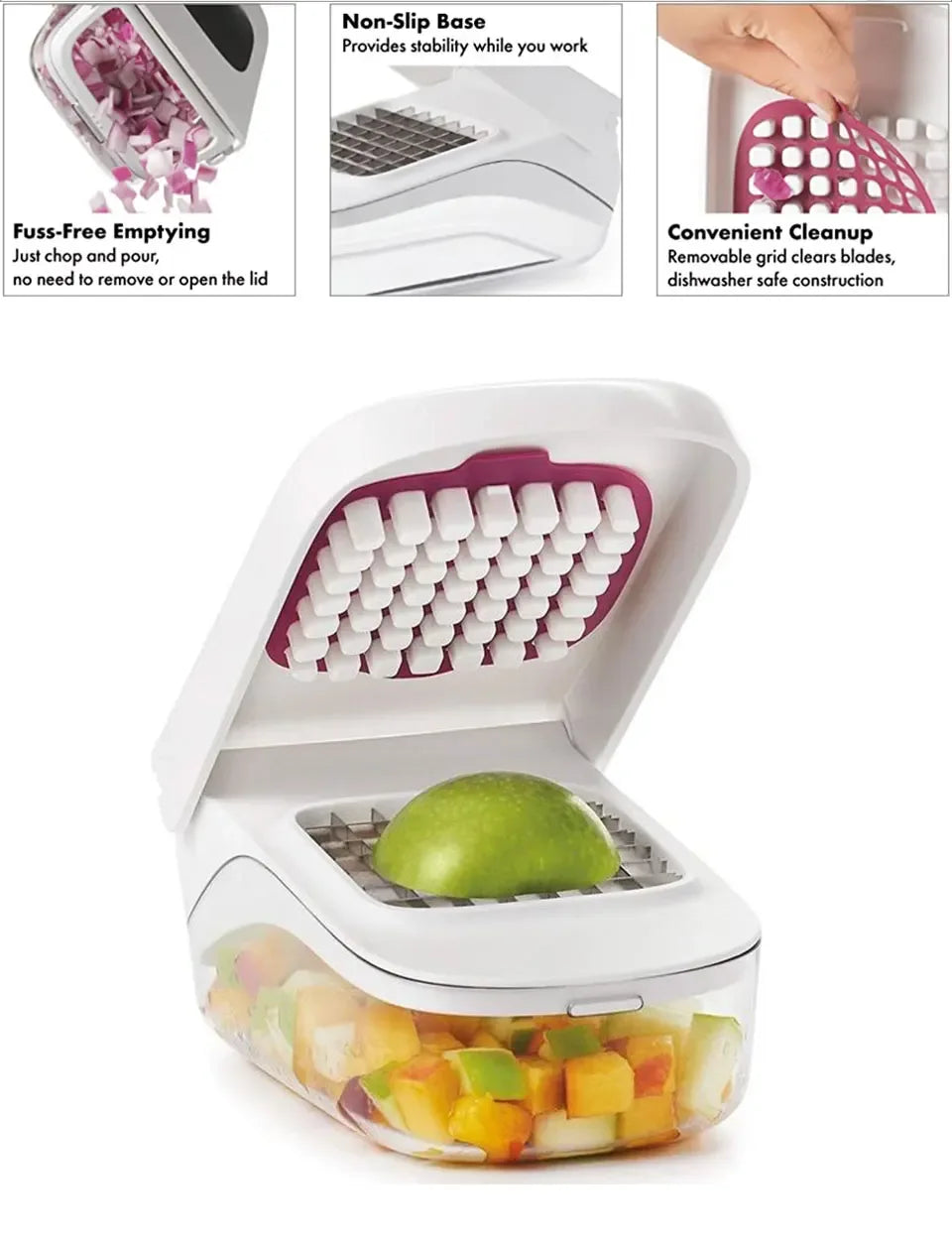 Vegetable Chopper with Storage Container Onion Fruit Dicer Chopper Easy Pour Opening Stainless Steel Blades Kitchen Accessories - Luvia