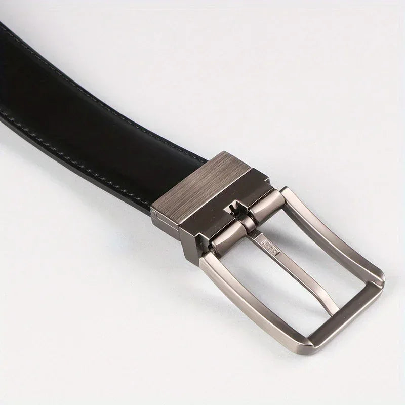 1pc Men's Leather Reversible Belt, Rotate Black Buckle - Luvia