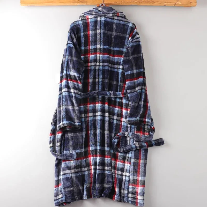 Men's Nightgown Home clothes Robes Winter warmth flannel bathrobe Plaid Pajamas Male lounge sleepwear - Luvia