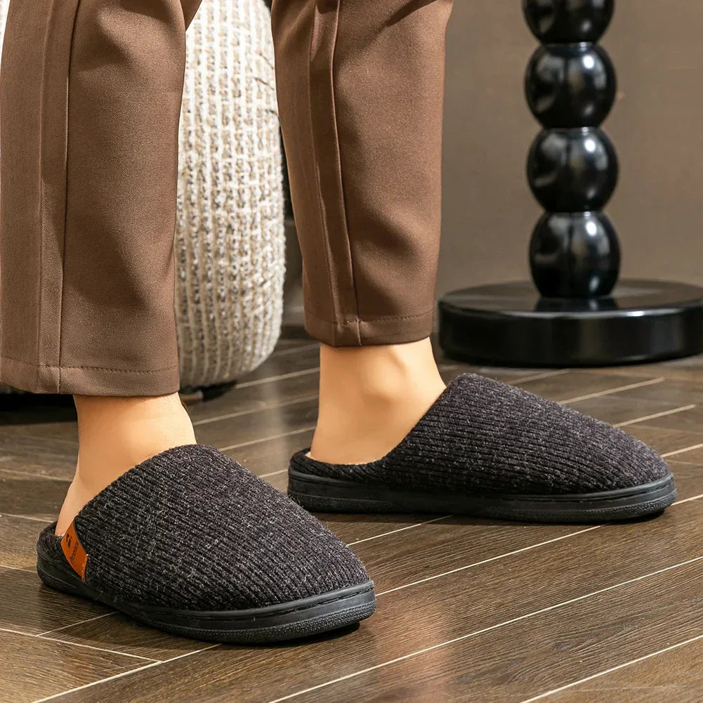 Memory Foam Cushion Slippers men Suede TPR Sole Platform Warm Soft Non Slip Stripe Comfortable Indoor Shoes Knited - Luvia